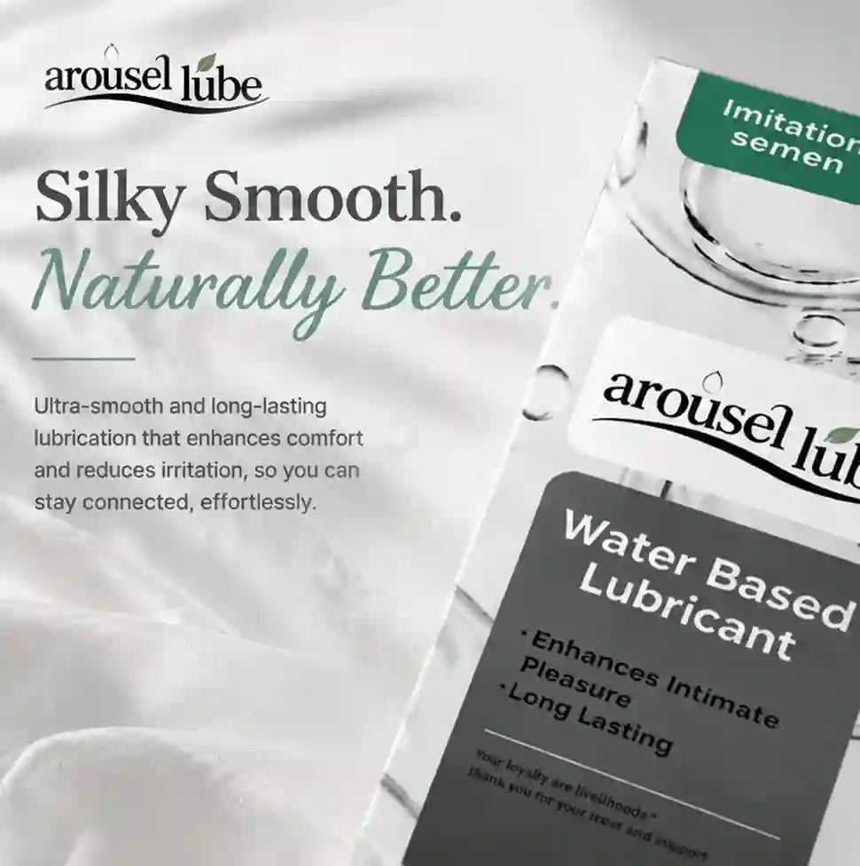 Arousellube Water Based Lubricant retail packaging shown on a soft white fabric background with product text and branding.