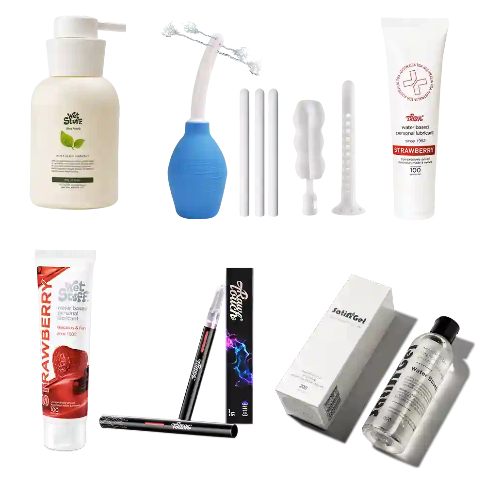 Collection of arousal lubes and cleaning kit products on a white background