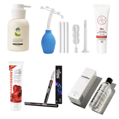 Collection of arousal lubes and cleaning kit products on a white background