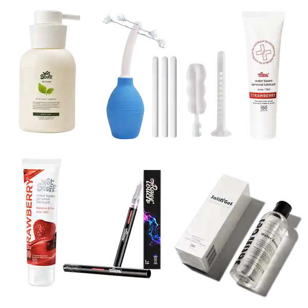Collection of arousal lubes and cleaning kit products on a white background