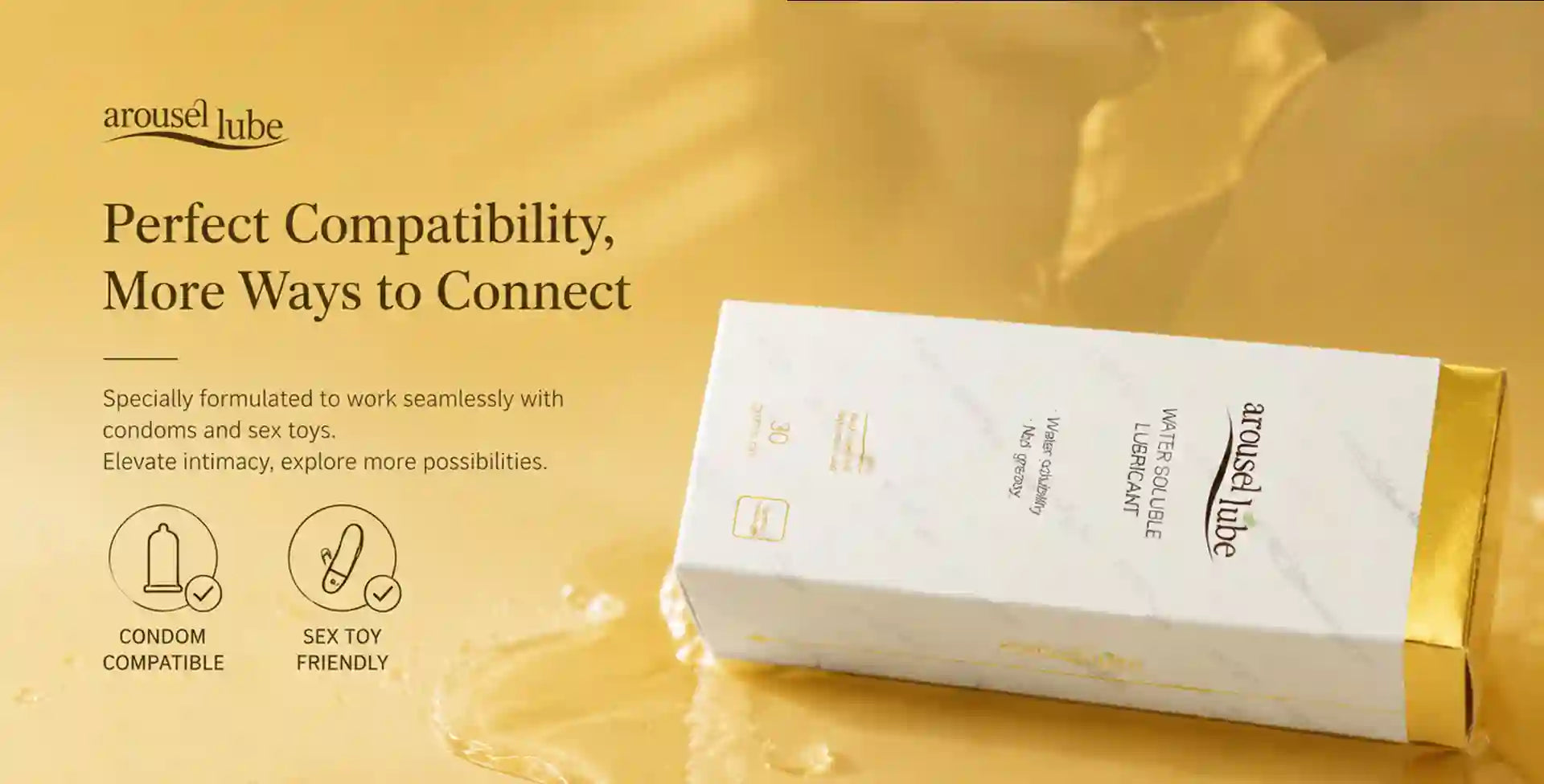 Arousellube product packaging box shown on a metallic gold background with promotional text on the left. The box is white with gold trim and visible Arousellube branding.
