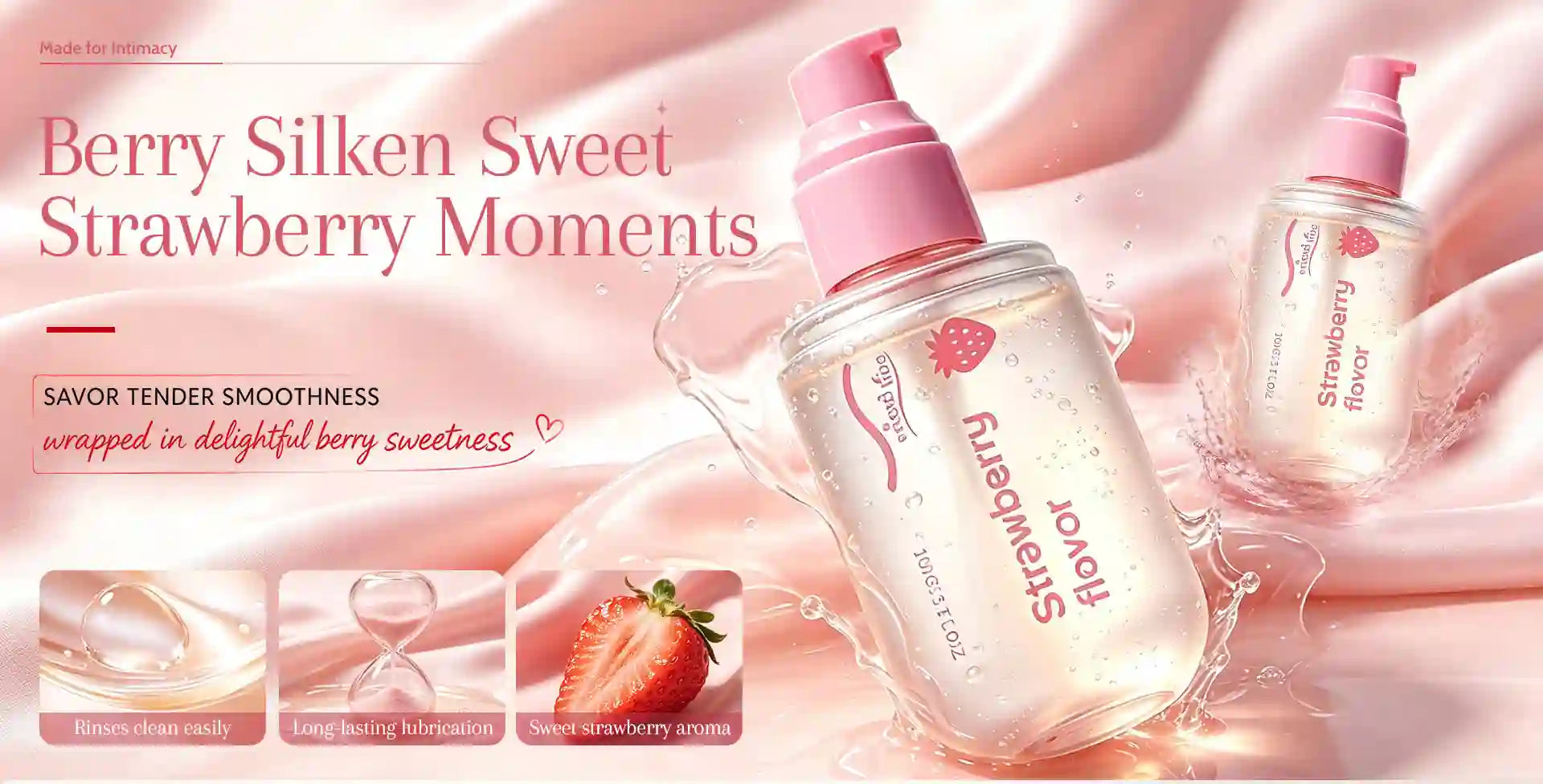 Berry Silken Sweet Strawberry Moments strawberry lubes bottles with pink pumps, shown on a pink satin background with splash effects and small ingredient detail panels.