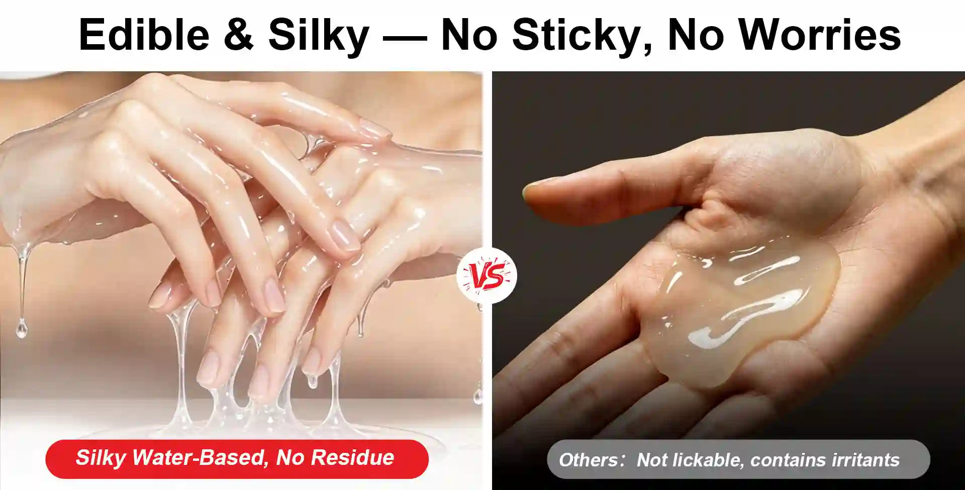 Comparison of silky water-based lubues product on hands with text about its properties.