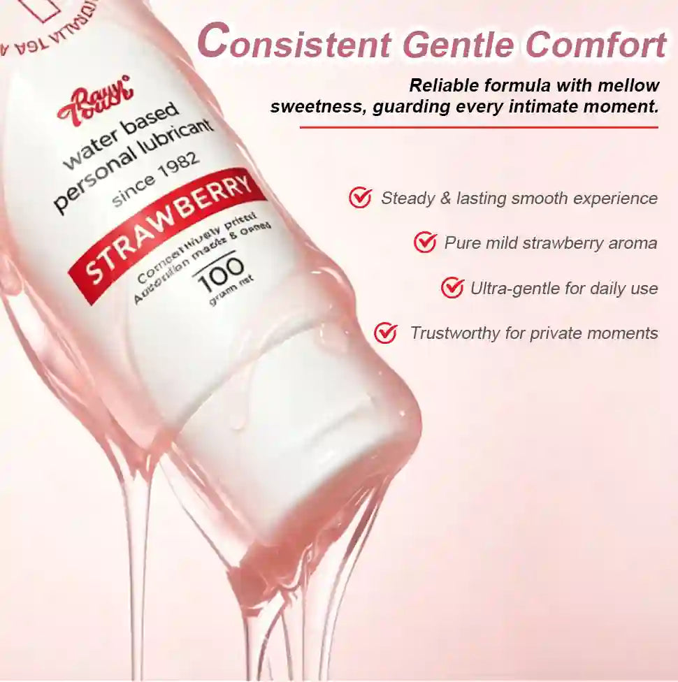 Strawberry-flavored personal lubricant bottle with branding and product features on a pink background