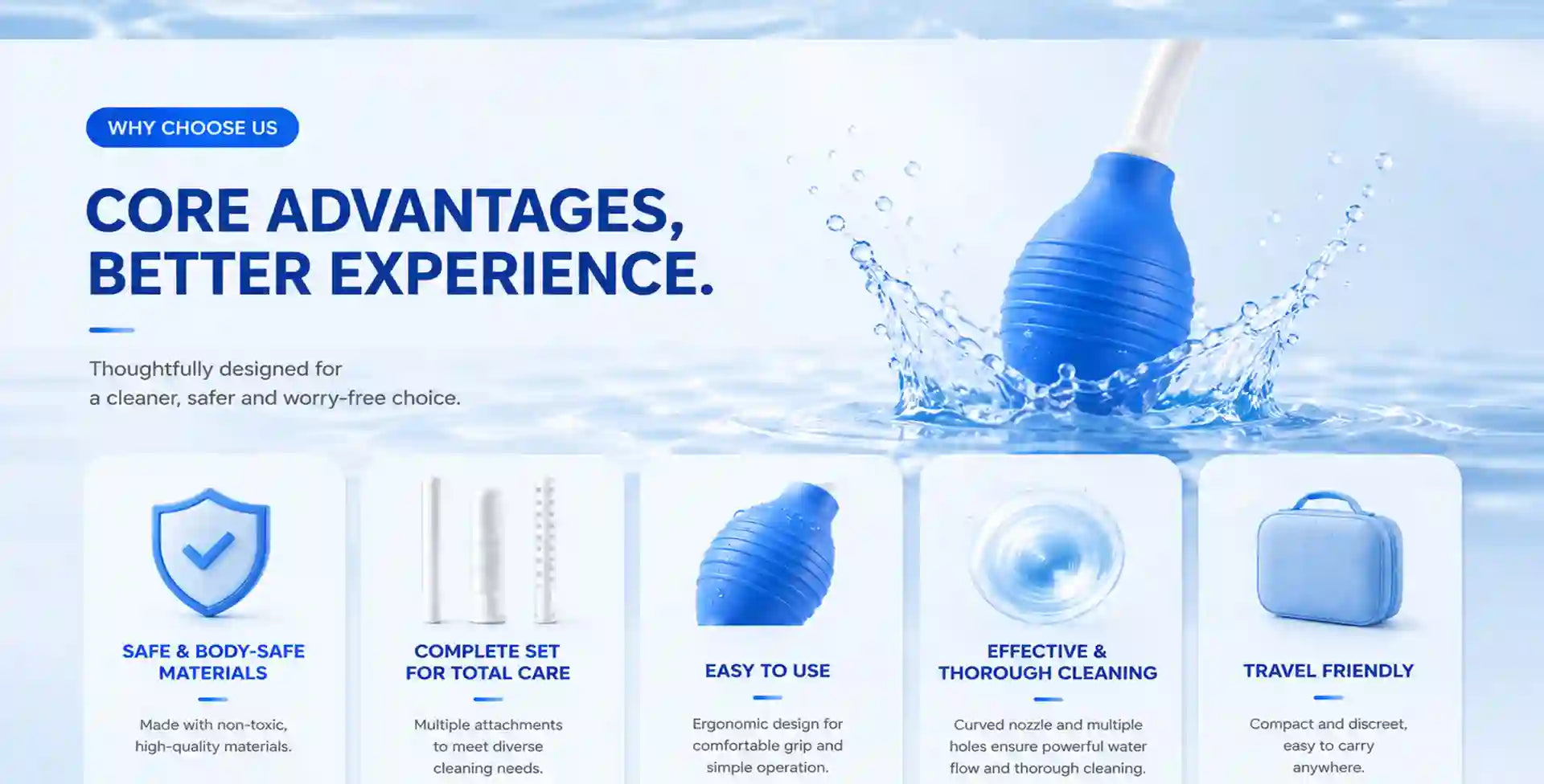 Blue cleaning tool with water splash on a white background, featuring text about product advantages of sex toys cleaning product.