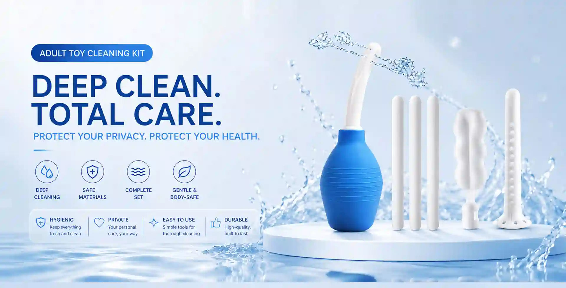 Adult toy cleaning kit with blue container and white tools for cleaning sex toys