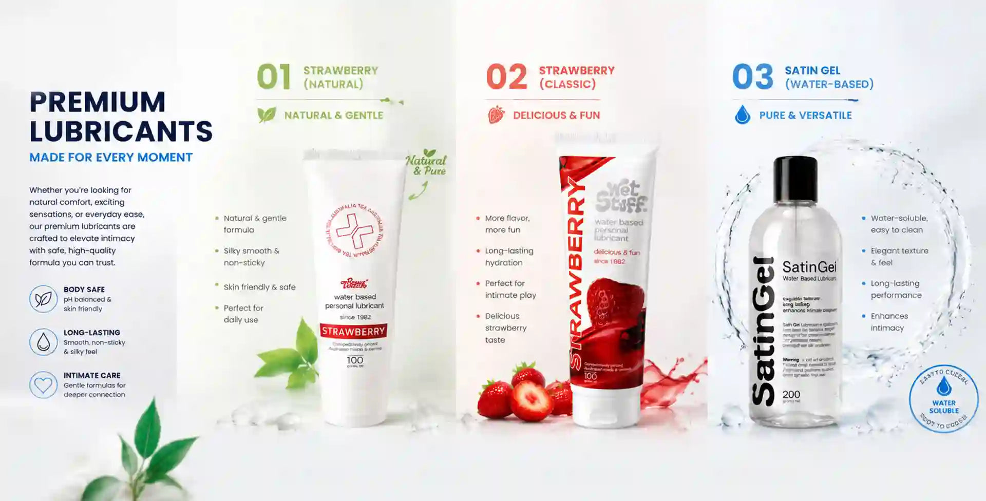 Promotional image of premium lubricants with product packaging and features listed.