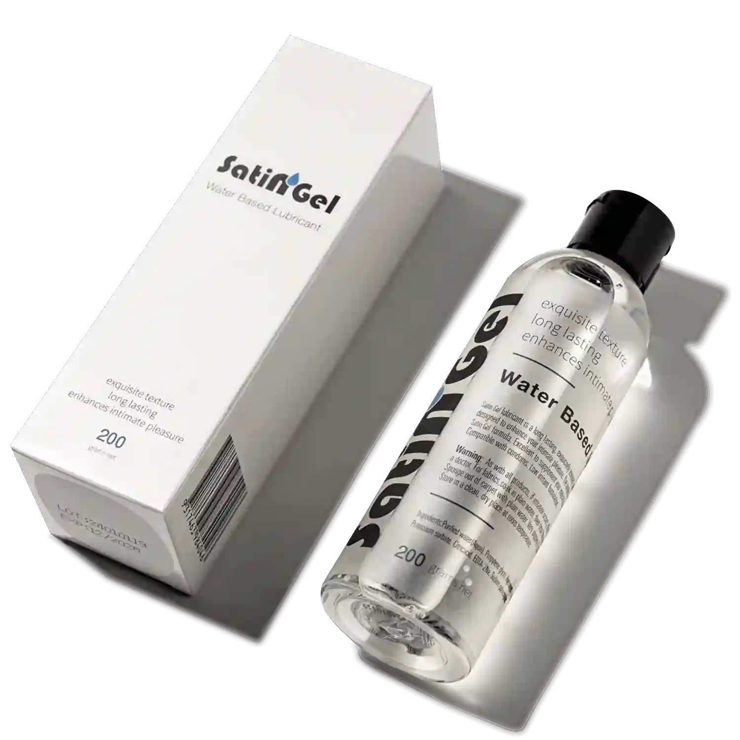 SatinGel water-based lubricant bottle and packaging edible intercourse gel 