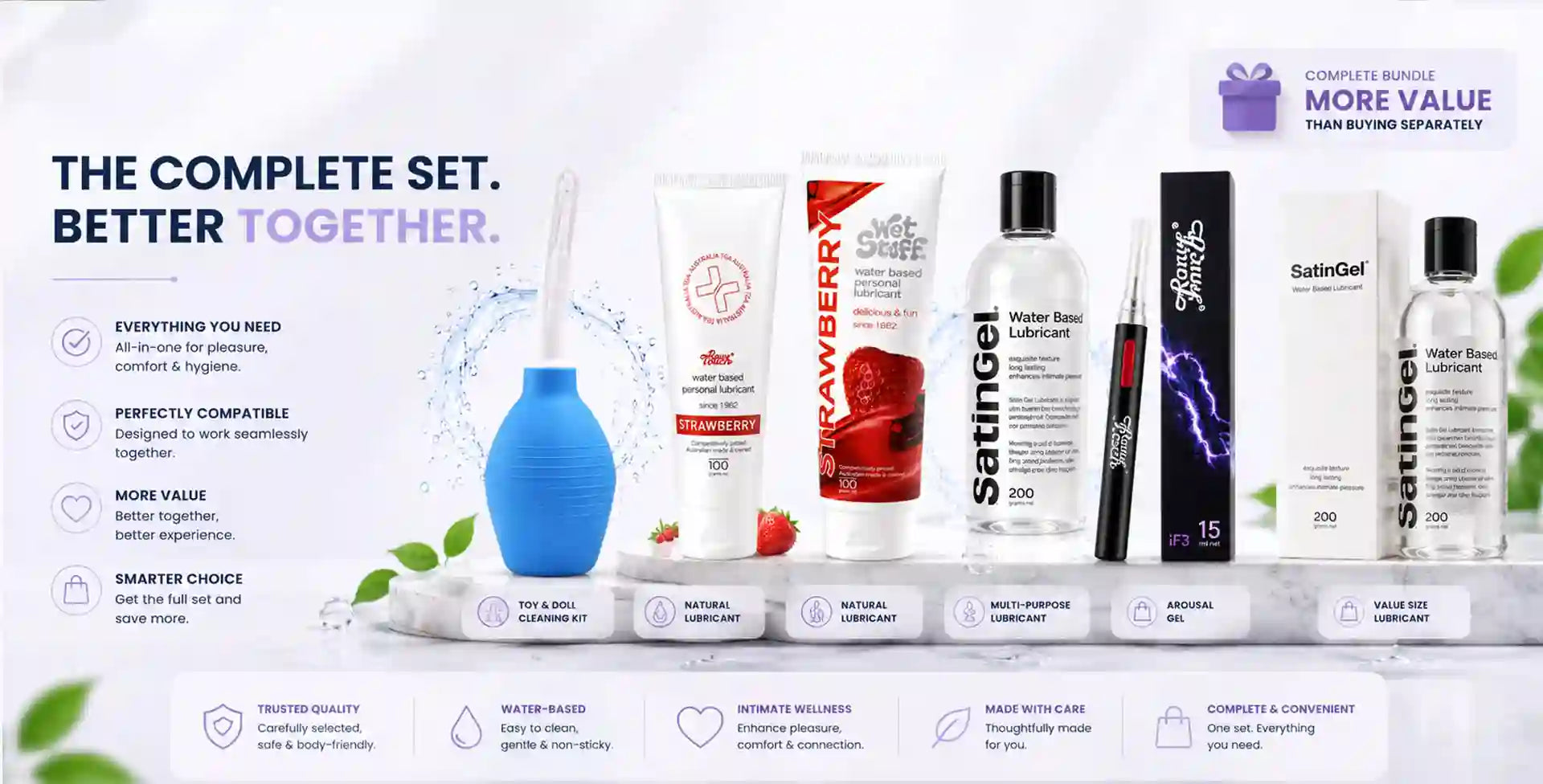 Collection of SatinGel lubricant and arousellube (arousal lube) products with packaging and branding elements on a white background.