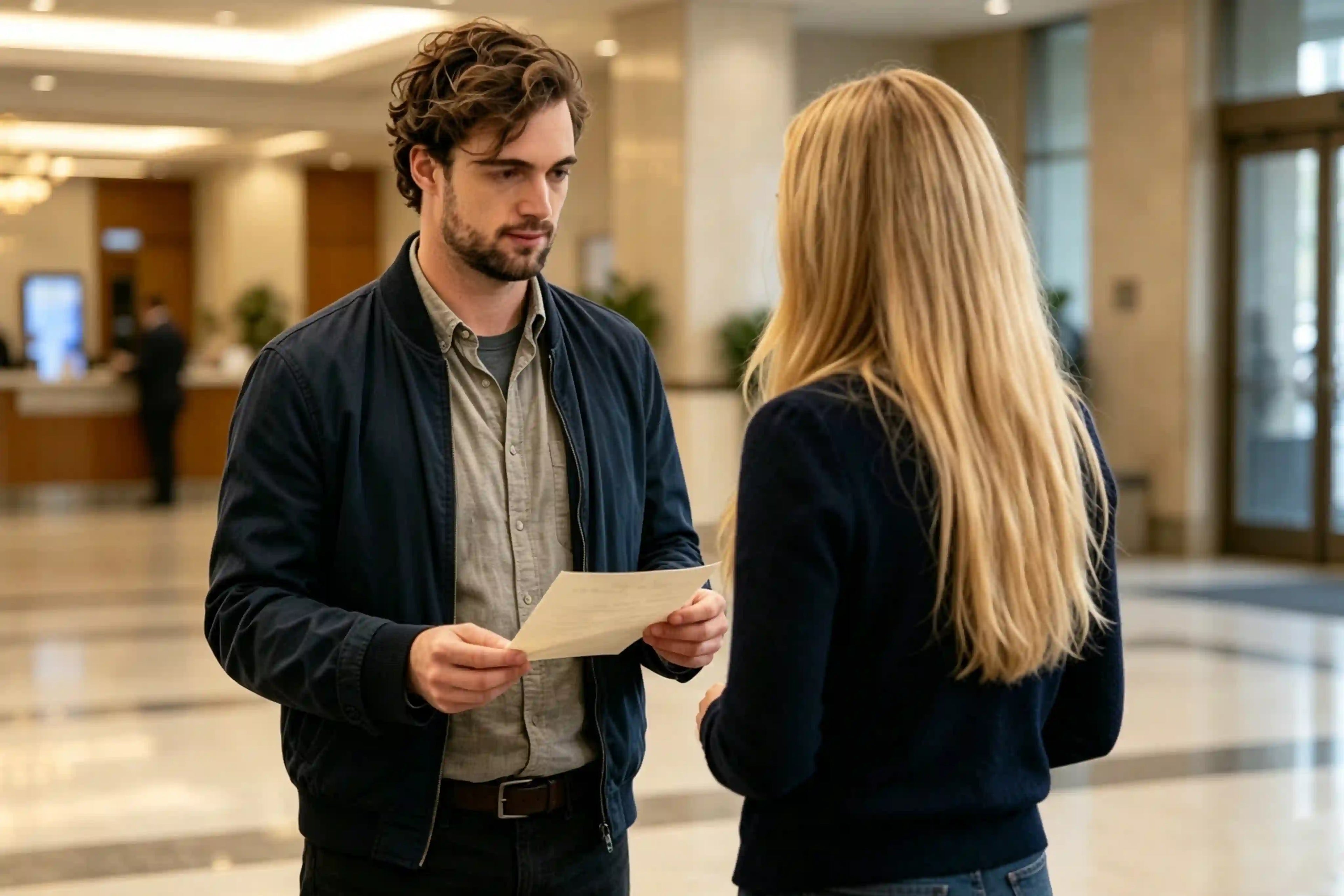 Affiliate with boss in a lobby setting, one holding a piece of agreement paper with big commission deal.