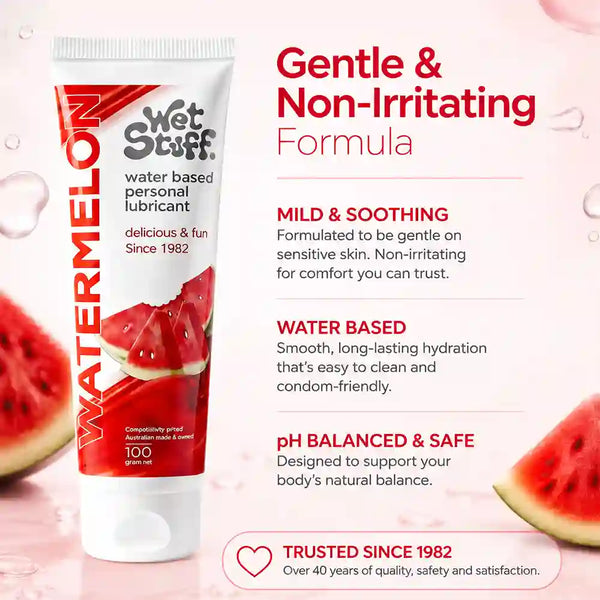 Tube of Wet Stuff watermelon-flavored personal lubricant with product details on a pink background.