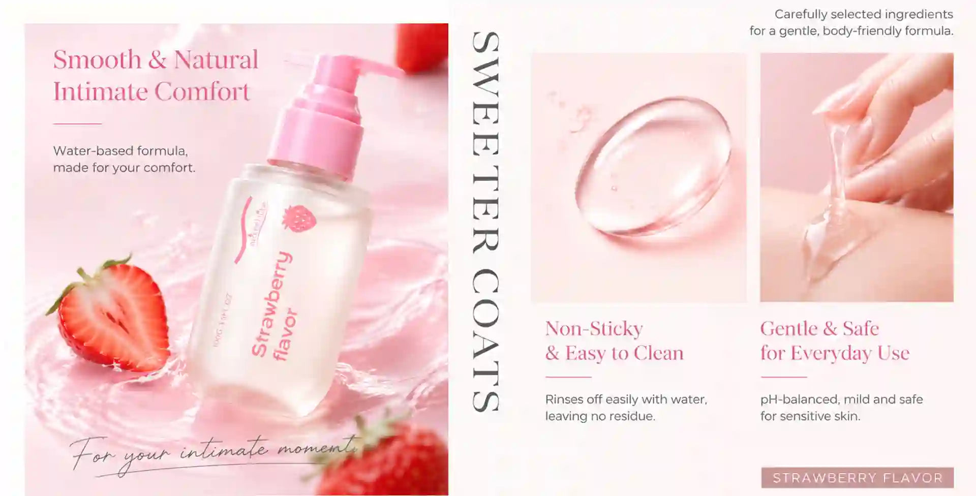 Pink promotional graphic for Sweetter Coats Strawberry Intimate Comfort water-based formula, showing a clear bottle with pink pump, strawberries, a droplet, and hand-use imagery on a soft pink background.