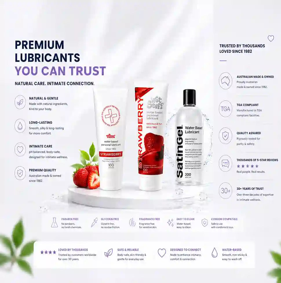Promotional image of Satingel lubricants with product packaging and branding details.
