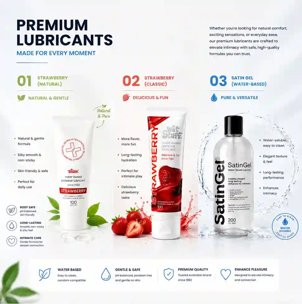 Advertisement for premium lubricants with Strawberry and Satin Gel products on a white background.