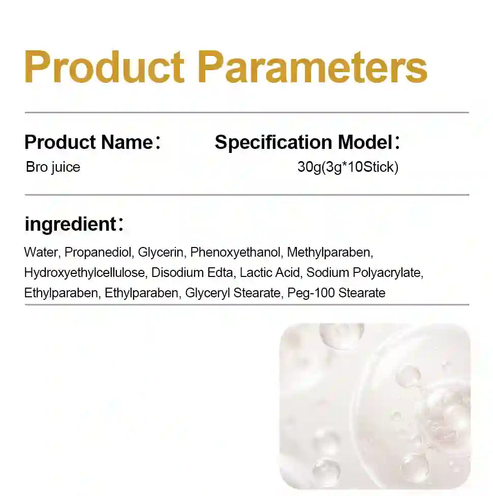 Product parameters card for Bro juice, showing product name, specification model, ingredient list, and a small close-up photo of clear liquid droplets on a white background.