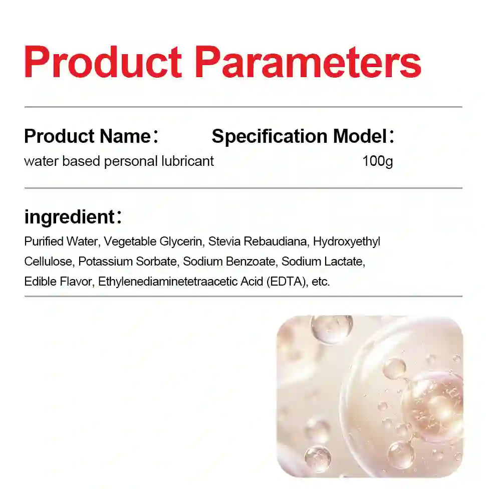 Product parameters of a water-based personal lubricant with ingredient list and close-up image.