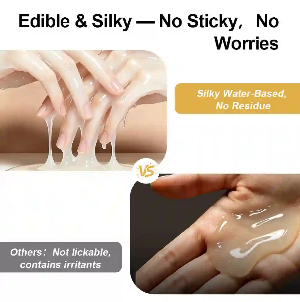 Promotional comparison graphic for a water-based edible silicone gel. The top left panel shows hands stretching a thick, creamy beige gel, with text reading 'Edible & Silky — No Sticky, No Worries' and 'Silky Water-Based, No Residue.