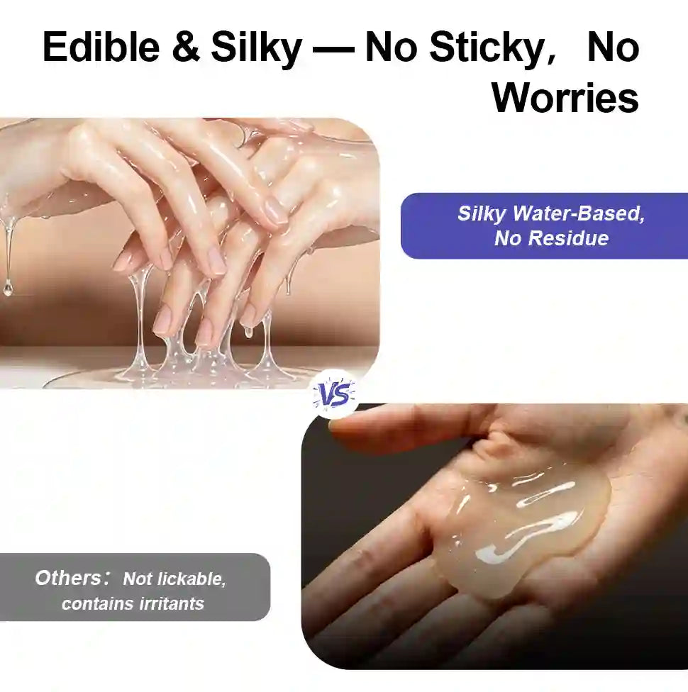 Promotional graphic for a water-based edible and silky personal lubes product. The top left panel shows hands stretching translucent gel, with text reading 'Edible & Silky — No Sticky, No Worries' and 'Silky Water-Based, No Residue.