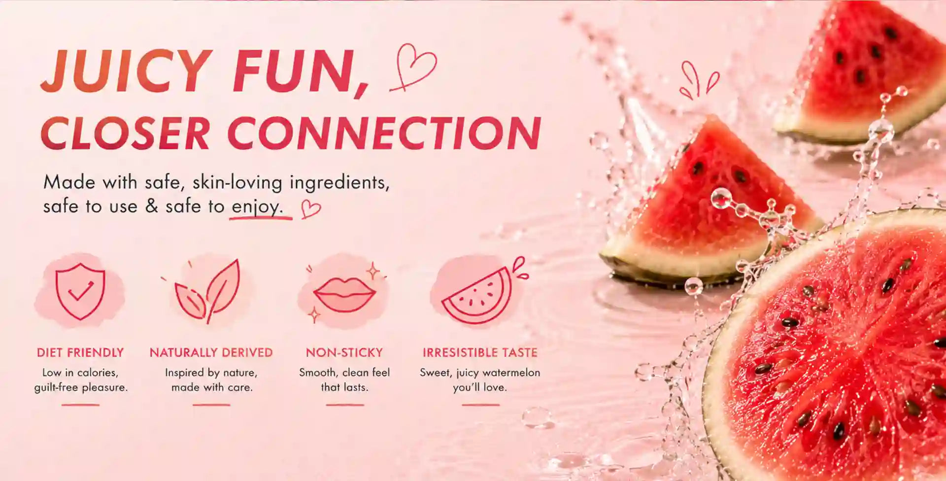 Promotional graphic for watermelon-flavored sex gel products with text and watermelon slices on a pink background.