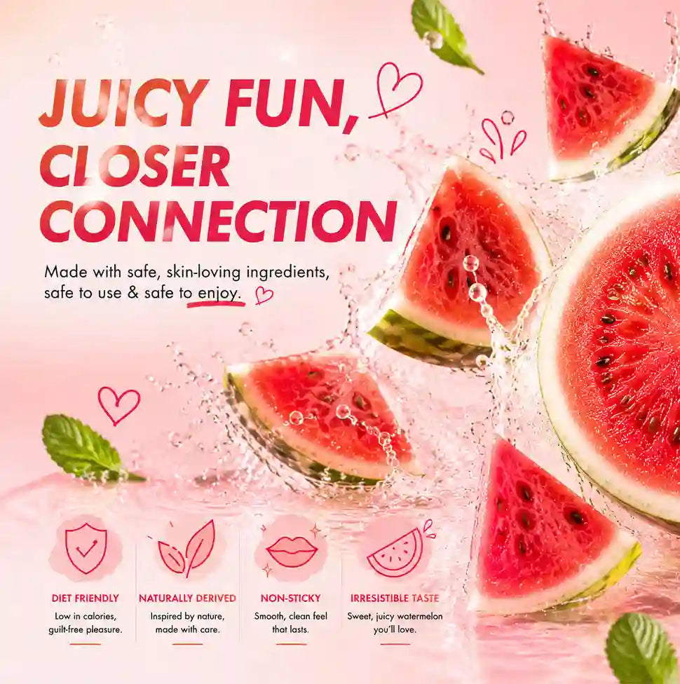 Promotional graphic with watermelon slices and text about safe, skin-loving ingredients on a pink background.
