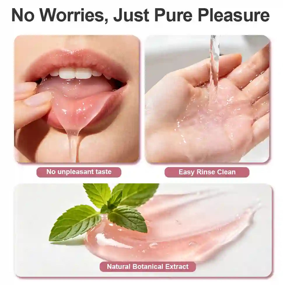 Product advertisement with images of a mouth, hands with water, and mint leaves, highlighting features like no unpleasant taste, easy rinse clean, and natural botanical extract of oral sex edible lube 