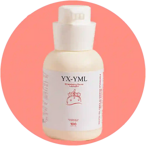 A bottle of YX-YML Strawberry Revive lubricant with a white pump dispenser and white label, set against a coral pink circular background.