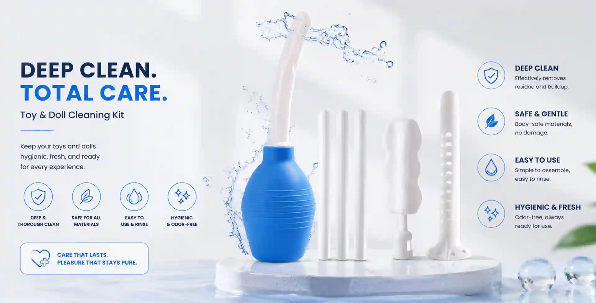 sex Toy and sex doll cleaning kit with blue cleaning bottle and white brushes on a white background.