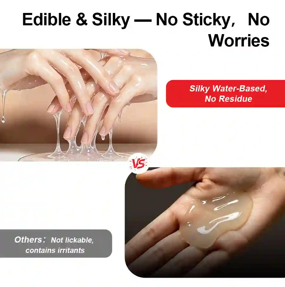 Silky water-based product being applied to hands with text highlighting its benefits.