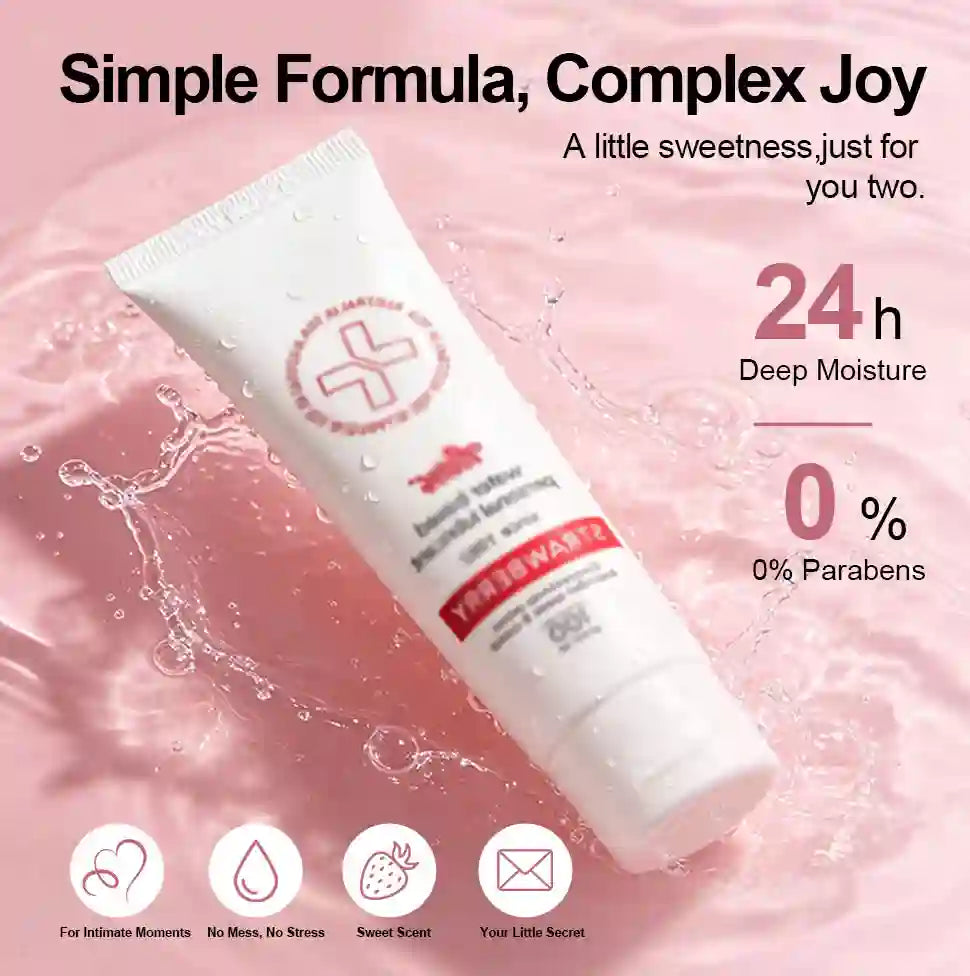 Tube of personal lube product with branding and text on a pink water edible properties 