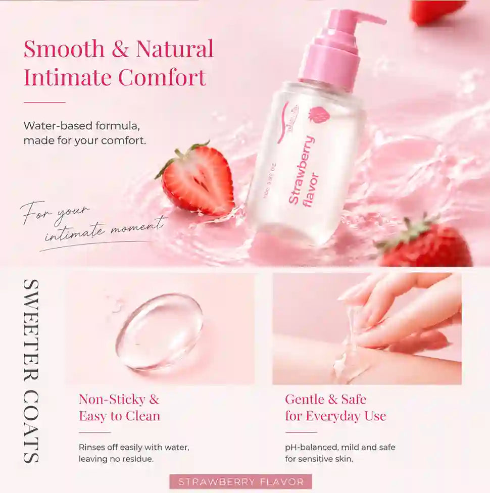 Strawberry-flavored Sweetener Coats liquid intimate wash in a clear pump bottle with pink details, shown on a pink background with strawberries and text highlighting gentle, non-sticky, and water-based formula benefits.