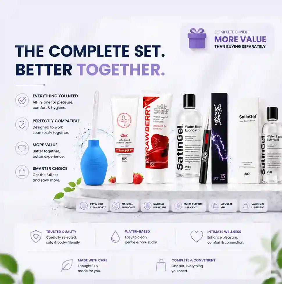 Collection of personal care products on a white background with promotional text.