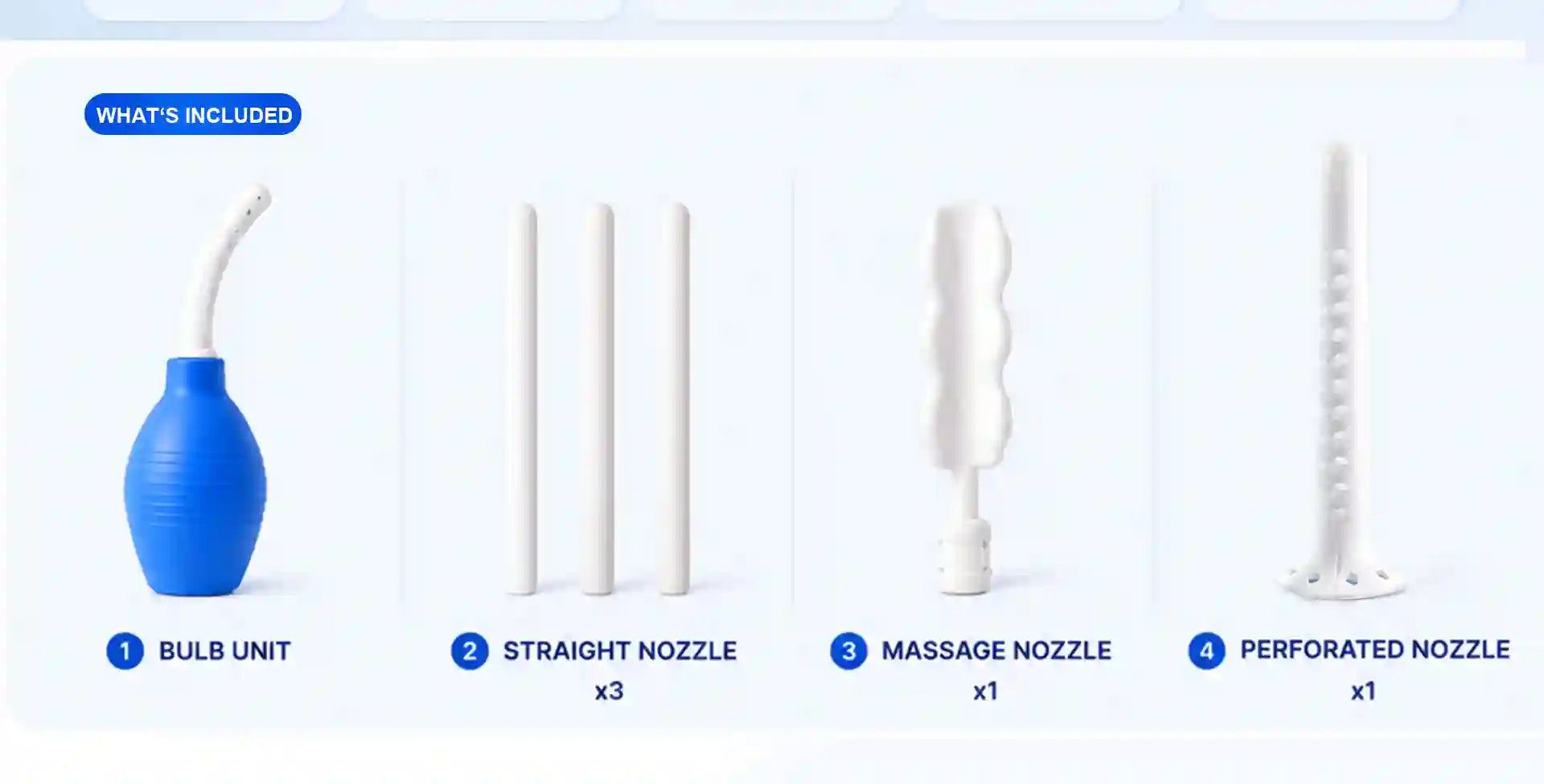 Product listing with bulb unit, straight nozzles, massage nozzle, and perforated nozzle cleaning tolls for vagina anus and silicon sex toys 