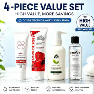 Four sexual lubes products with branding on a light background
