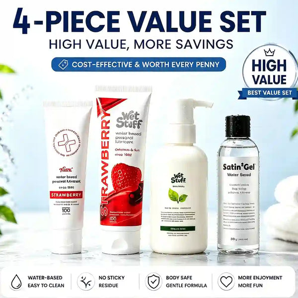 Four sexual lubes products with branding on a light background