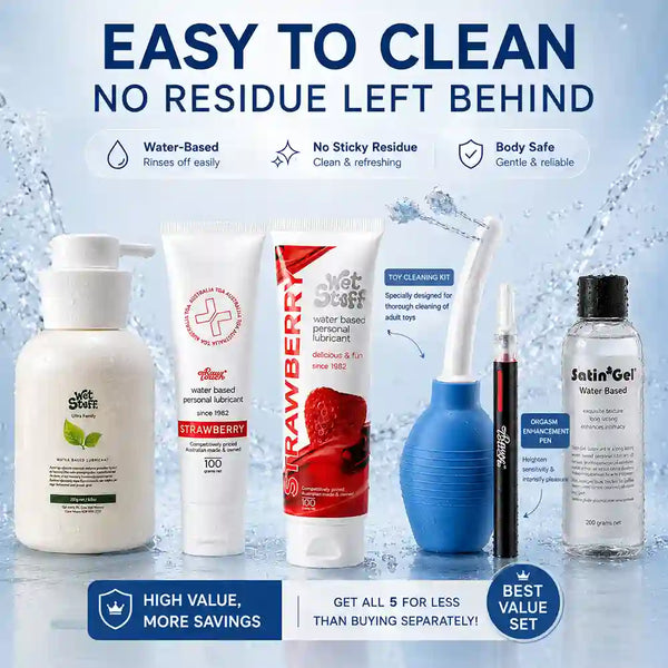 Collection of personal lube products with promotional text on a blue background