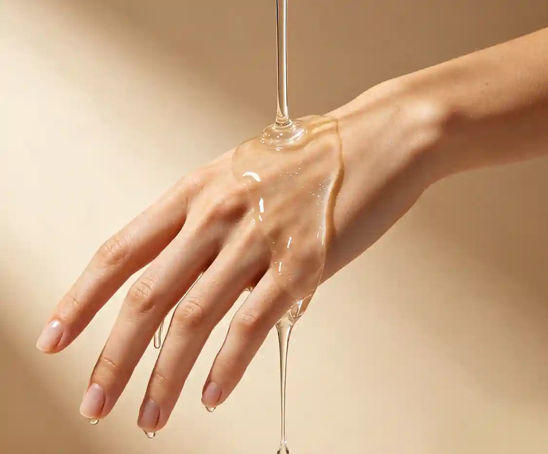 Hand holding intimacy gel lube with liquid dripping on hand for to start mating
