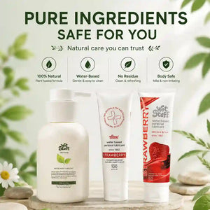 Three skincare products with labels on a natural background