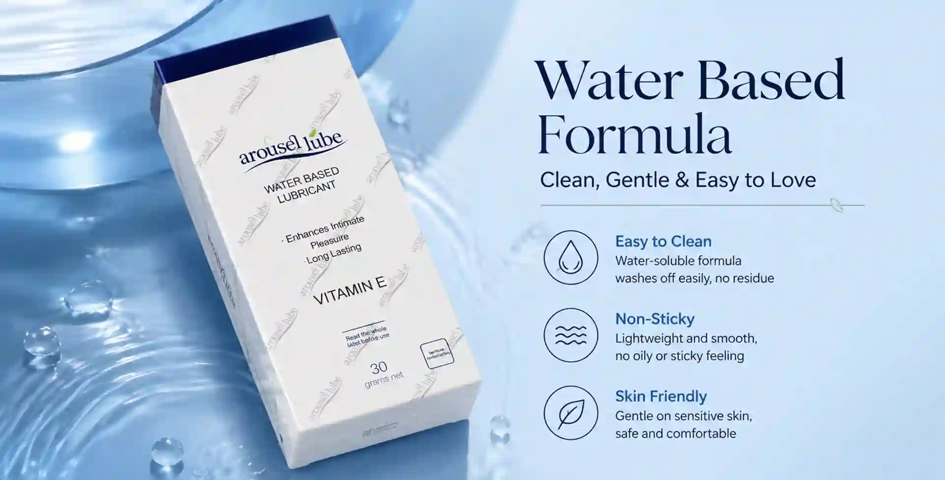 A boxed water-based lubricant product shown on a light blue promotional background with text reading 'Water Based Formula' and feature callouts about being clean, gentle, and easy to love.
