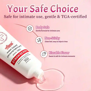 lovemaking Lubricant tube with strawberry flavor on a pink background, featuring safety certifications and product features.