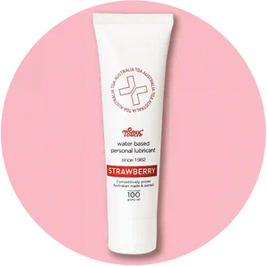 Tube of arousellube strawberry-flavored personal fingering lubricant on a pink background