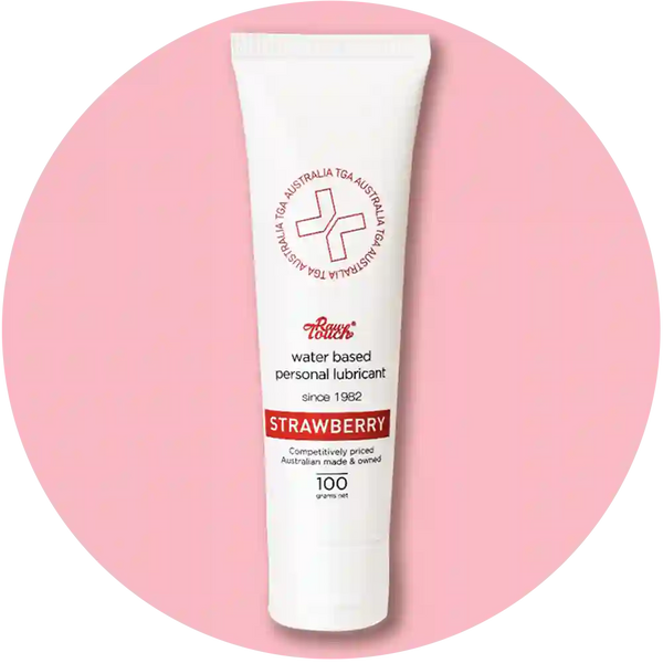Tube of arousellube strawberry-flavored personal fingering lubricant on a pink background