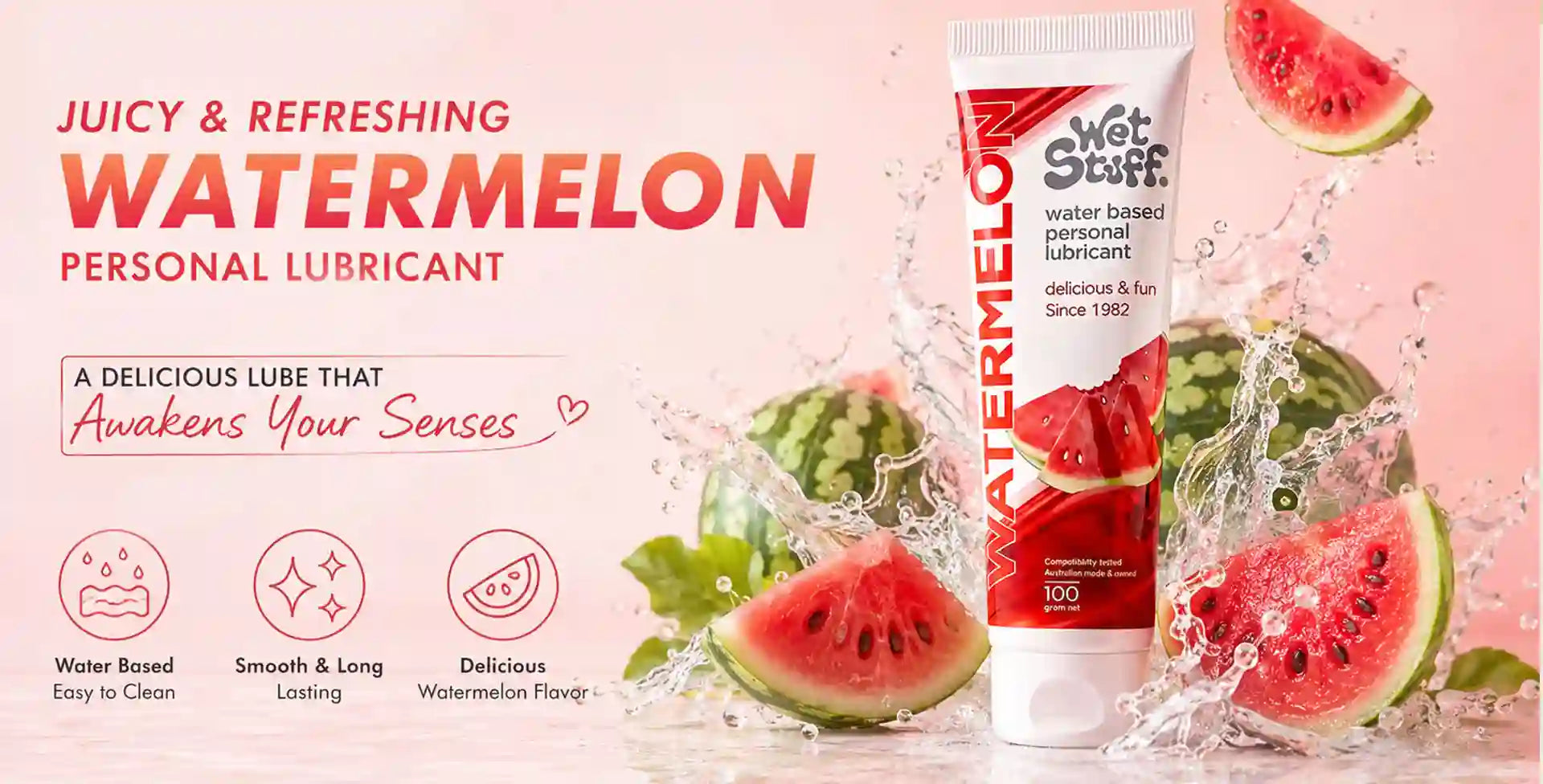 Watermelon-flavored personal lubricant packaging with watermelon slices on a pink background