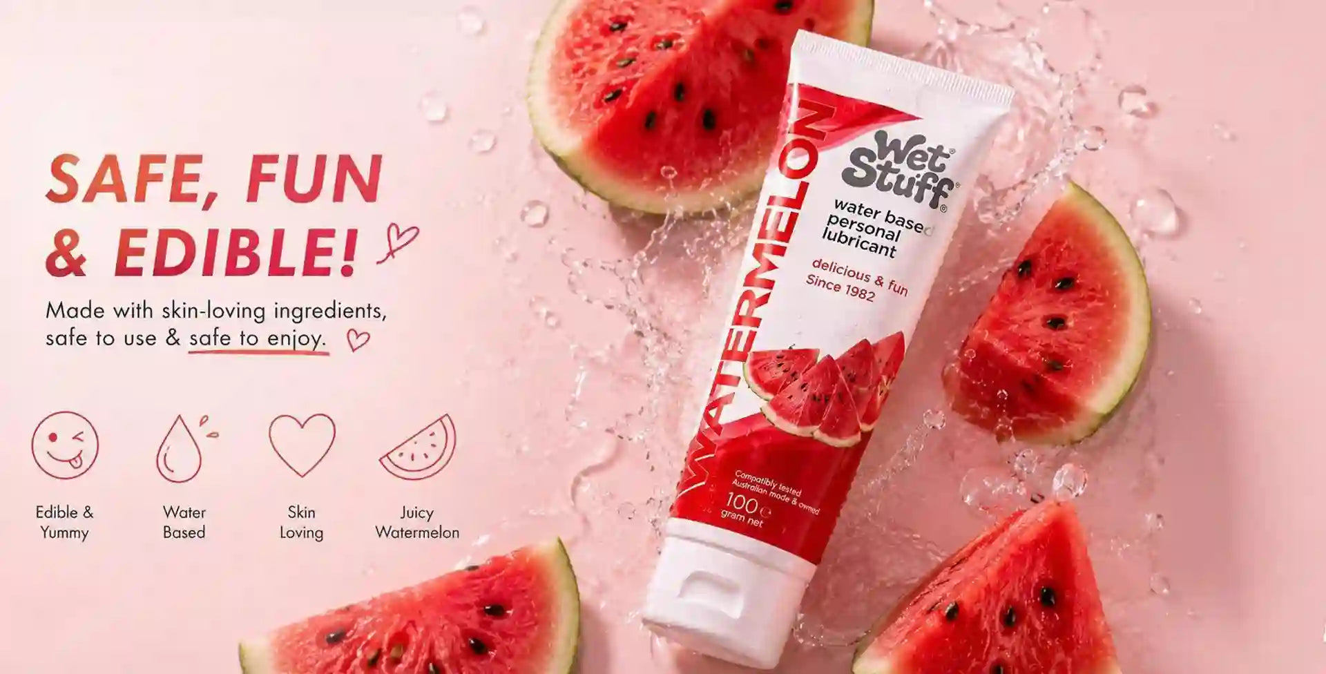 Wet Stuff watermelon-flavored lubricant with watermelon slices on a pink background