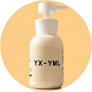 A cream-colored pump bottle with a white dispenser cap, featuring the text 'YX-YML' printed in black on the front, set against a warm beige circular background.