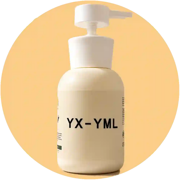 A cream-colored pump bottle with a white dispenser cap, featuring the text 'YX-YML' printed in black on the front, set against a warm beige circular background.