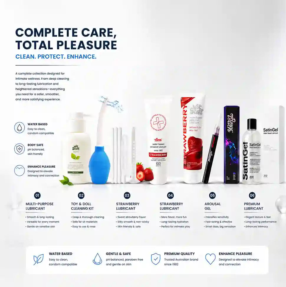 Collection of personal lubricant products with branding and product names on a white background.