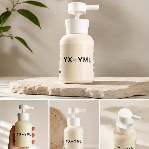 A cream-colored pump bottle with a white pump dispenser and black 'YX-YML' text on the front, shown in a clean interior setting with a stone slab and a hand holding one bottle in a smaller inset. The main view is a polished product presentation.