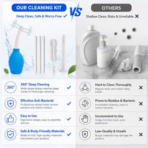 Cleaning kit comparison chart with text and icons on a white background ArouselLube personal lubricant paired with Toy Life Misting Toy Cleaner on white background