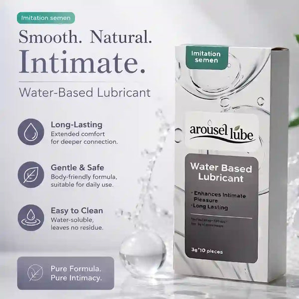A boxed water-based intimate lubricant labeled 'arouselube' and 'Water Based Lubricant' shown beside product feature callouts on a clean light background. The package is white and gray with a dark gray label panel and a small green 'Imitation semen' tab.