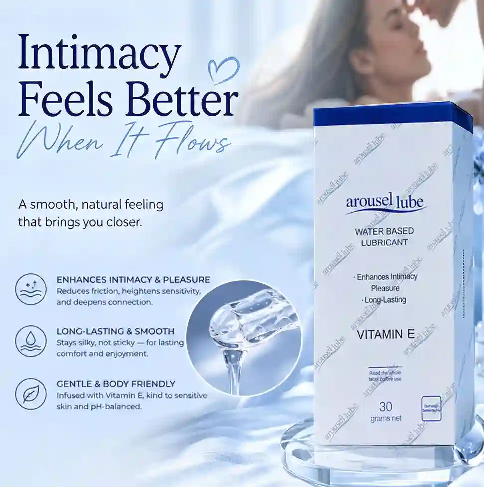 A box of arousellube tube Vitamin E water based lubricant is shown next to a circular inset of clear gel dripping, with marketing text on the left and a softly blurred woman in the background on the right.